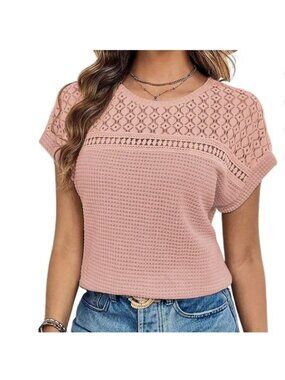 UVN Crochet Knit Top Lace Detail Medium Pink New Short Sleeve